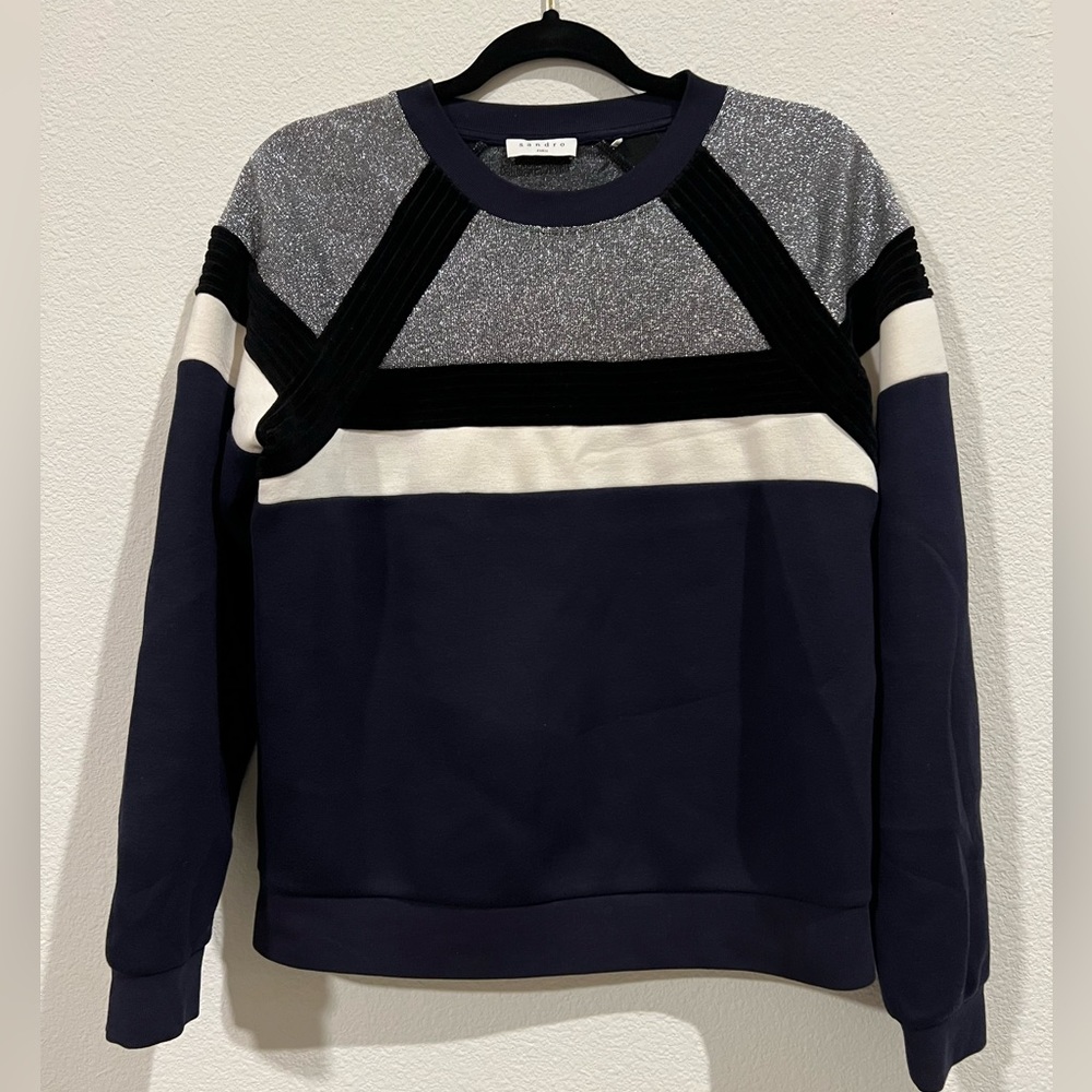 Sandro Igal sweater with metallic silver and black velvet details